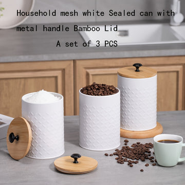 Juego de 3 contenedores metálicos herméticos, jarras de almacenamiento redondas blancas con tapas de bambú herméticas para encimeras de cocina, adecuadas para almacenar granos de café, té, bolsas de té, azúcar y granos - Reutilizables