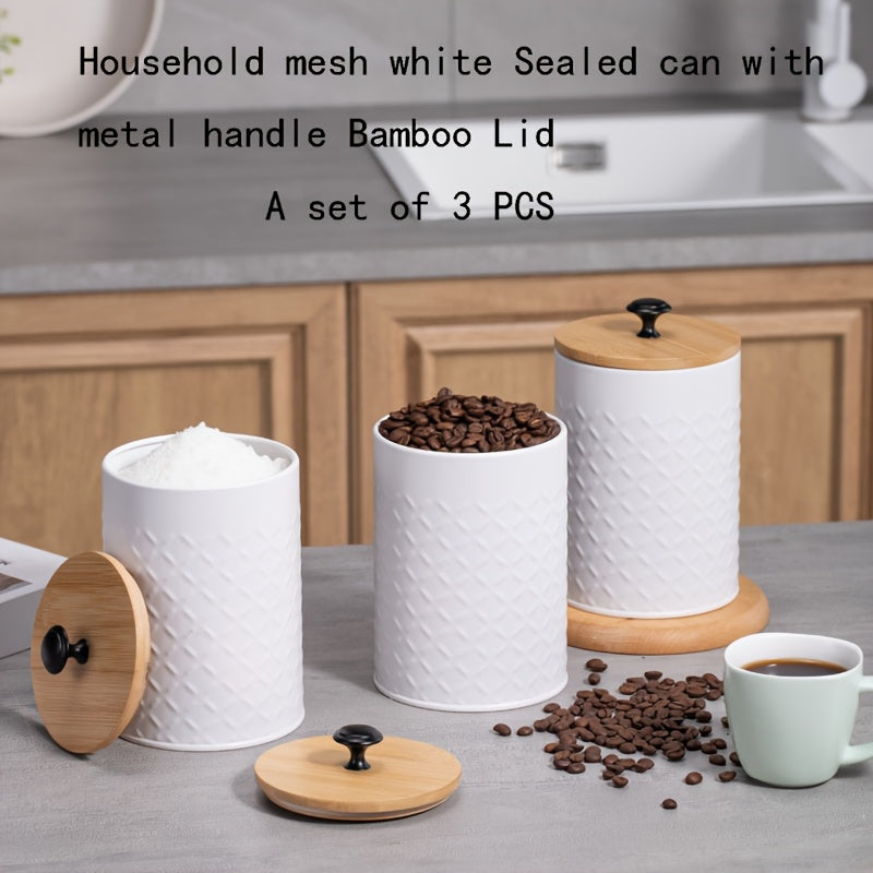 Juego de 3 contenedores metálicos herméticos, jarras de almacenamiento redondas blancas con tapas de bambú herméticas para encimeras de cocina, adecuadas para almacenar granos de café, té, bolsas de té, azúcar y granos - Reutilizables