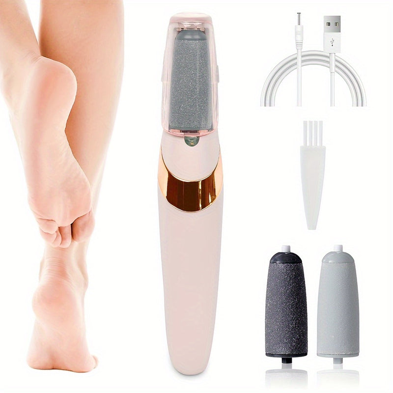Nueva pila de pies portátil - Pila de pies eléctrica USB recargable con una cabeza gruesa y una fina, elimina la piel muerta para una superficie suave y ligera beige, diseño redondo, herramienta ideal de cuidado de pies moderna, crea una superficie suave