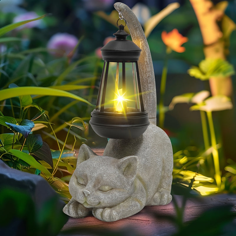 Estatua de Farolillo para Gatos con Energía Solar VOOKRY - Adorable Gatito Durmiendo con Cola Luminosa, Luz Decorativa para Jardín Exterior, Ideal para Patio, Césped o Regalo Festivo, Material Plástico, Batería de 600mAh, Carga Solar