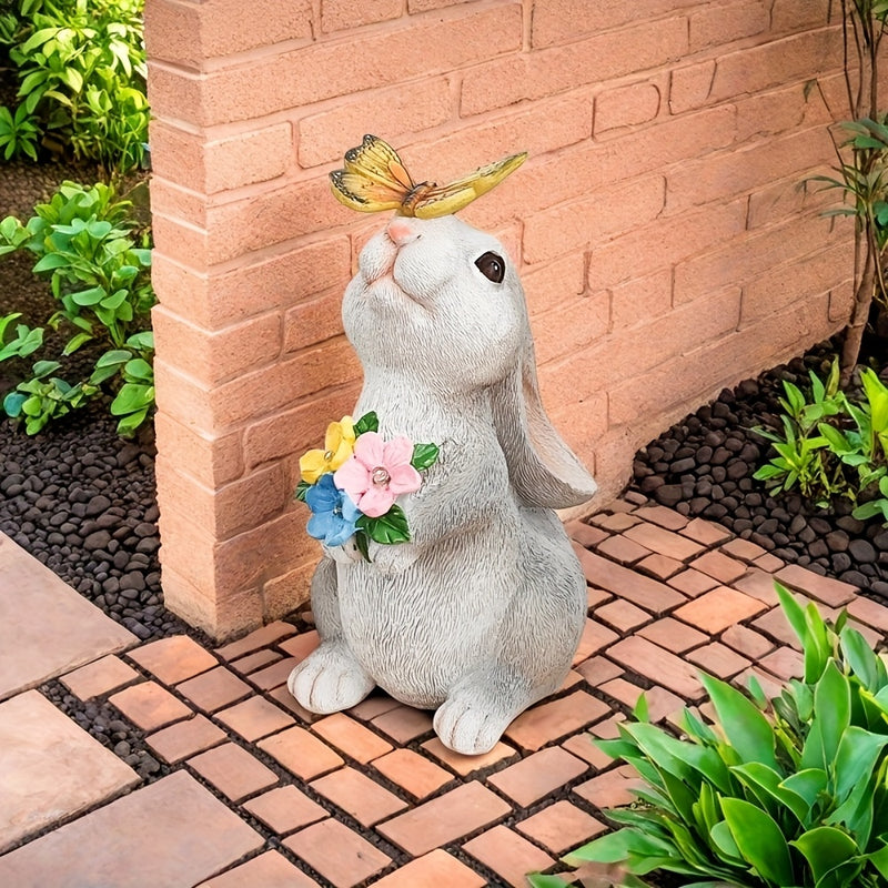 Conejo solar con luces de mariposa, estatua para exterior - Conejo de resina pintado a mano, luz nocturna automática, ideal para jardín, patio o terraza - Regalo perfecto para mamá o abuela, iluminación exterior|Arte de jardín caprichoso|Detalles realist