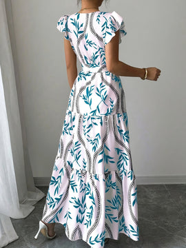 Elegante vestido de verano con estampado floral y cuello en V, con cinturón, de poliéster ligero, mangas cortas, falda de línea A y estilo suelto para mujeres, ideal para vacaciones o salidas informales, ropa para salidas informales | Vestido con estampa