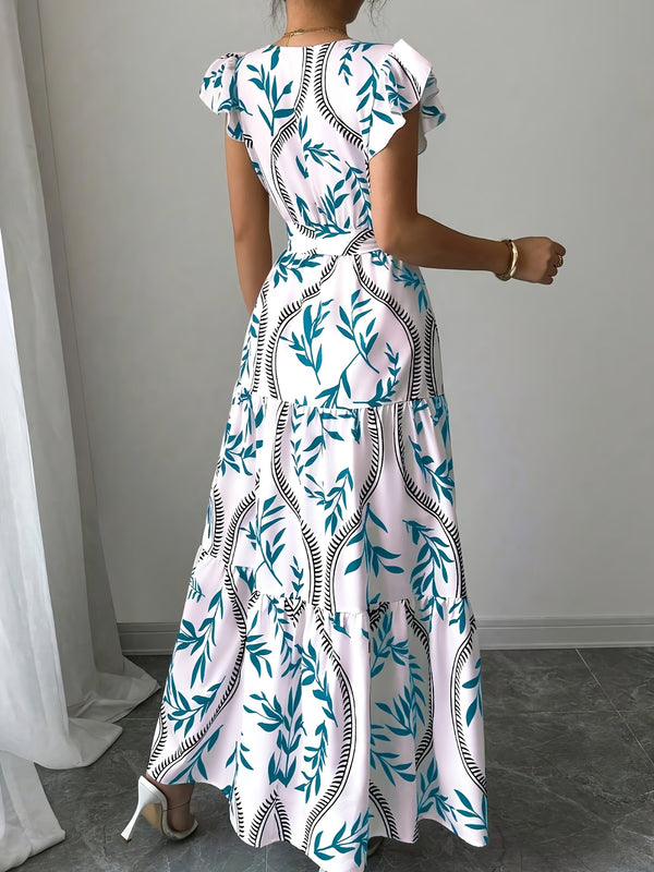 Elegante vestido de verano con estampado floral y cuello en V, con cinturón, de poliéster ligero, mangas cortas, falda de línea A y estilo suelto para mujeres, ideal para vacaciones o salidas informales, ropa para salidas informales | Vestido con estampa