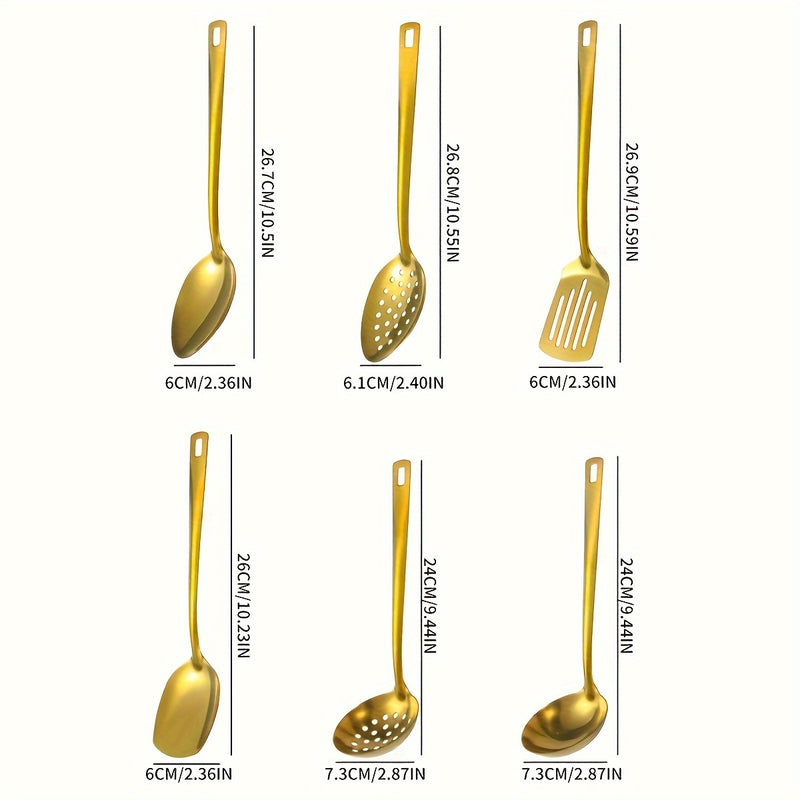 Juego de 6 utensilios de cocina de acero inoxidable - Prácticas herramientas de cocina con cuchara ranurada, espumadera, cuchara maciza, espátula, espátula ranurada - Batería de cocina multiusos duradera para el hogar y el restaurante
