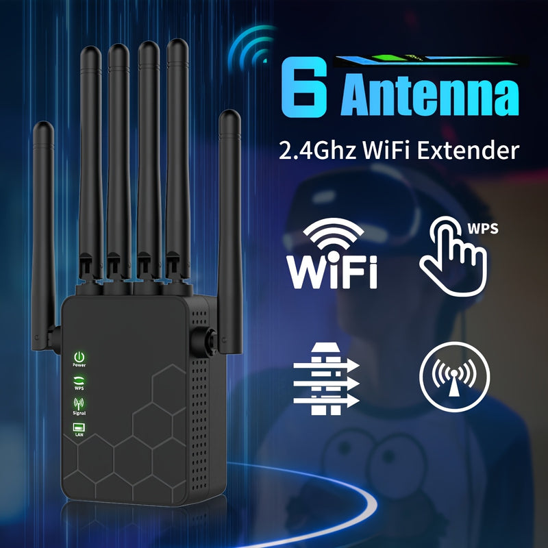 OEKE 6-antenas 2.4GHz WiFi Extender & Repeater - Capacidad para 25 dispositivos, cobertura amplia, WPS, enchufa y juega, 110-130V, fuente de alimentación de EE. UU. para hogar y oficina, WiFi Extender para hogar, red de oficina, diseño de tecnología mode