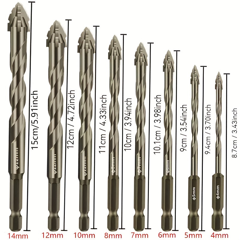 Juego de 8 piezas de brocas de aleación dura, diseño de filo de cuatro bordes, ranura recta | para taladrar cerámica, vidrio, mármol, hormigón, acero inoxidable, posición precisa, taladrado de tabiques | Brocas con filo