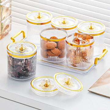 Juego de 3/4/6 Tarros Sellados Circulares, Bote de Almacenamiento Plástico con Bandeja, Adecuado para Guardar Snacks, Frutos Secos, Galletas, Caramelos y Granos Variados en la Cocina y Comedor
