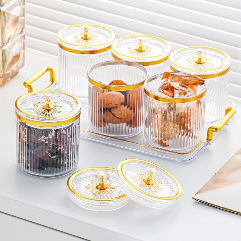 Juego de 3/4/6 Tarros Sellados Circulares, Bote de Almacenamiento Plástico con Bandeja, Adecuado para Guardar Snacks, Frutos Secos, Galletas, Caramelos y Granos Variados en la Cocina y Comedor