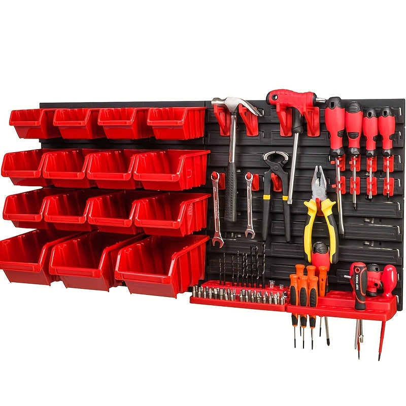 Estante organizador de herramientas montado en pared, resistente - Rack de almacenamiento multicompartimento con estantes plásticos rojos y negros, tableros colgantes y ganchos para garaje, taller - Organización de taller duradera y ahorradora de espacio