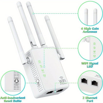 Amplificador de señal de WiFi de 300Mbps hasta 6000 pies cuadrados y 55+ dispositivos, Amplificador de rango de WiFi, Repetidor de Internet inalámbrico, Amplificador de largo alcance con puerto Ethernet, Punto de acceso, enchufe de EE. UU., 110V-130V, Si
