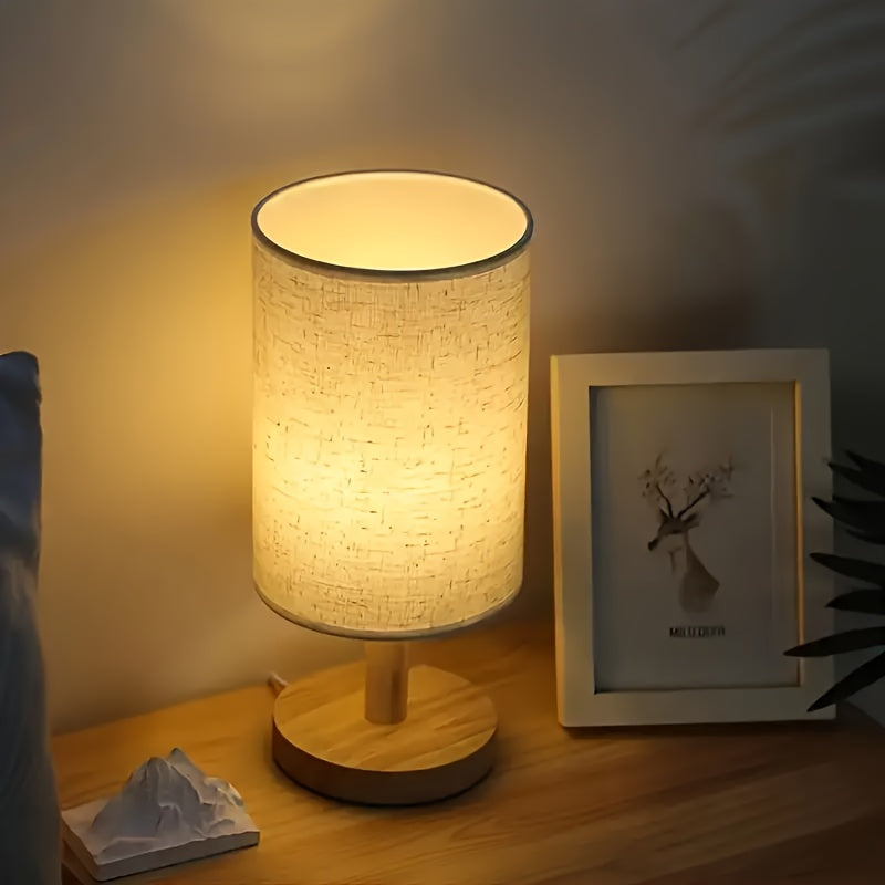Linterna de escritorio estilo nórdico moderno con tela de lino, luz cálida y ambiental, base de madera, alimentación USB - ideal para decoración del hogar y sala