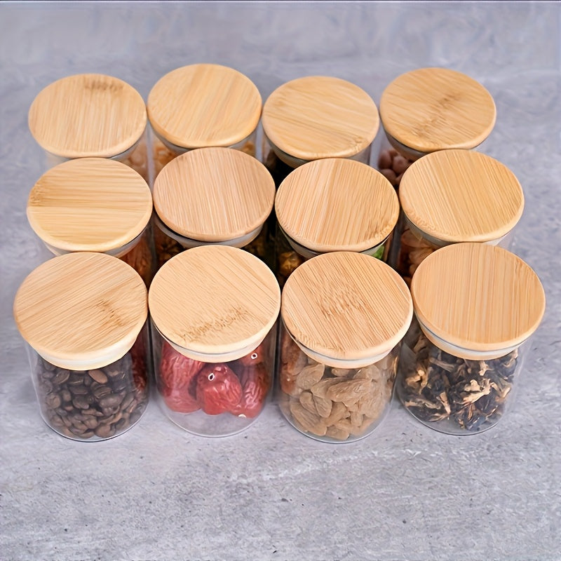 1 Juego de 4 frascos de vidrio para almacenamiento, fabricados con material transparente de alto borosilicato, con tapas de bambú selladas para almacenamiento de alimentos, contenedores de alimentos transparentes portátiles para té, granos de café, azúca