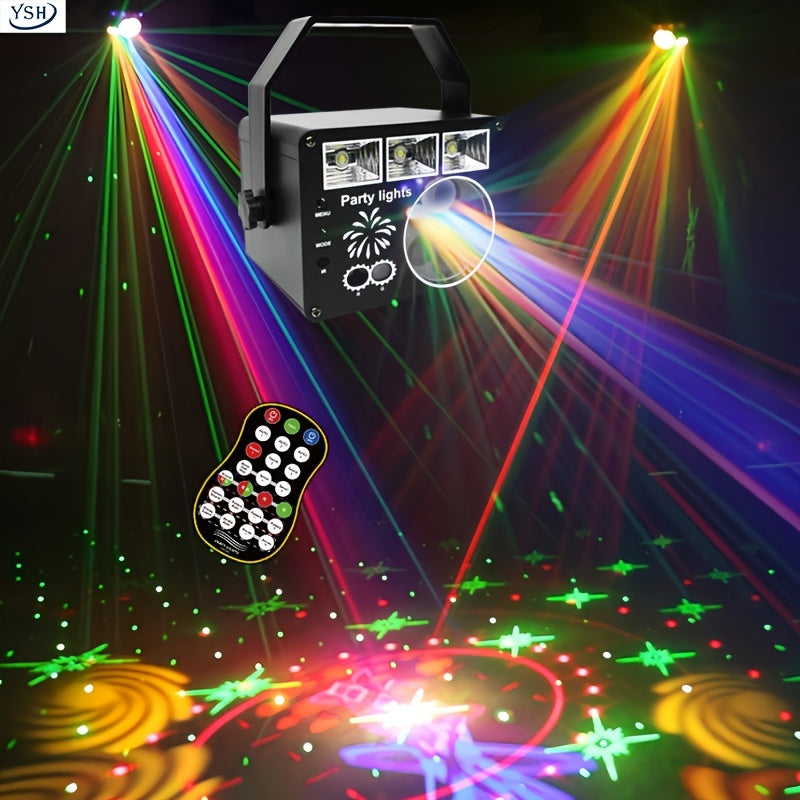 Luz de fiesta YSH USB 3-en-1, lámpara de discoteca activada por sonido DJ con control remoto, luz estroboscópica de proyector RGB, luces LED, soporte no extraíble, alimentada por USB, tensión de funcionamiento ≤36V, material de sombra de lámpara de plást