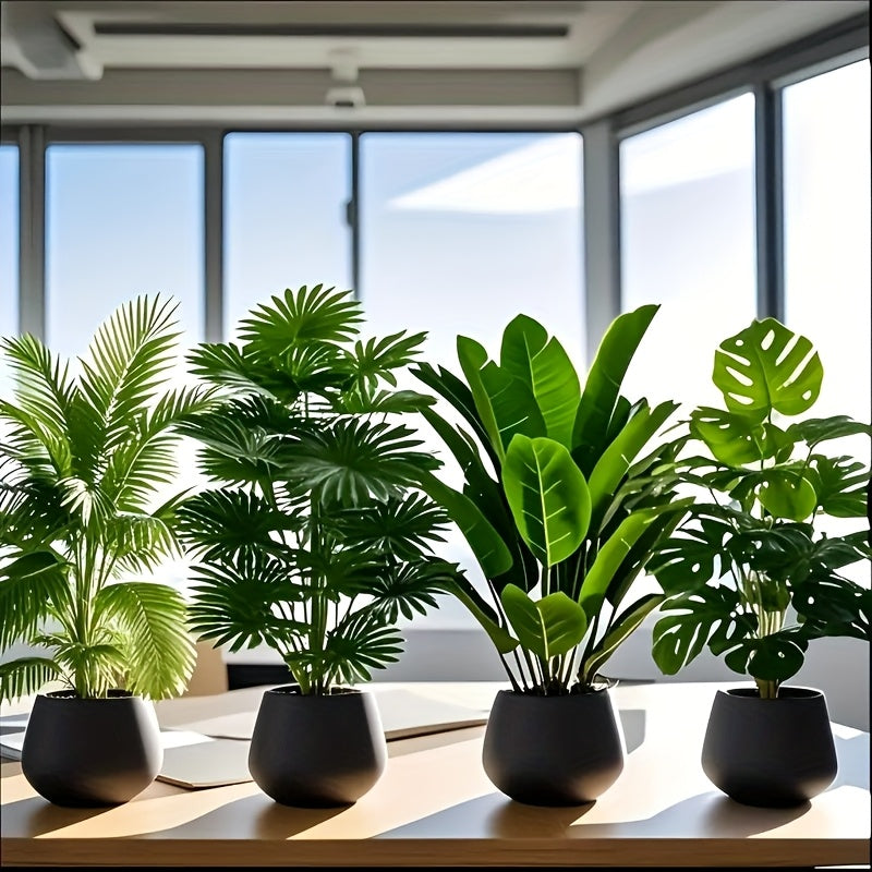 Juego de 4 piezas, incluye combinación de plantas artificiales de hojas grandes. Ideal para exteriores—árbol decorativo tropical de hoja ancha, macetas para interior y exterior todo el año, bodas, hoteles, jardines, patios estilo nórdico, árboles falsos
