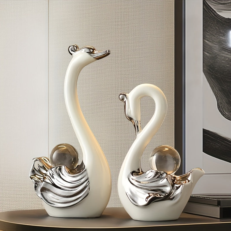 2 Piezas de Figuras de Cisne con Cristales - Decoración de Resina de Lujo para Sala, Soporte de TV, Uso Interior/Exterior - Regalo Elegante para Recién Casados