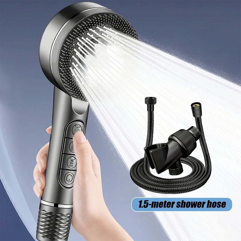 Set de ducha de mano con masaje de silicona, presión ajustable, manguera gruesa de 1,5 m, soporte de pared, acabado pulido, material plástico, no necesita electricidad.