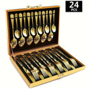 Juego de vajilla de acero inoxidable 1010 de 16/24 piezas con caja de madera, juego de vajilla de acero inoxidable de alta calidad, pulido a espejo, apto para lavavajillas, adecuado para restaurantes, cocinas, camping