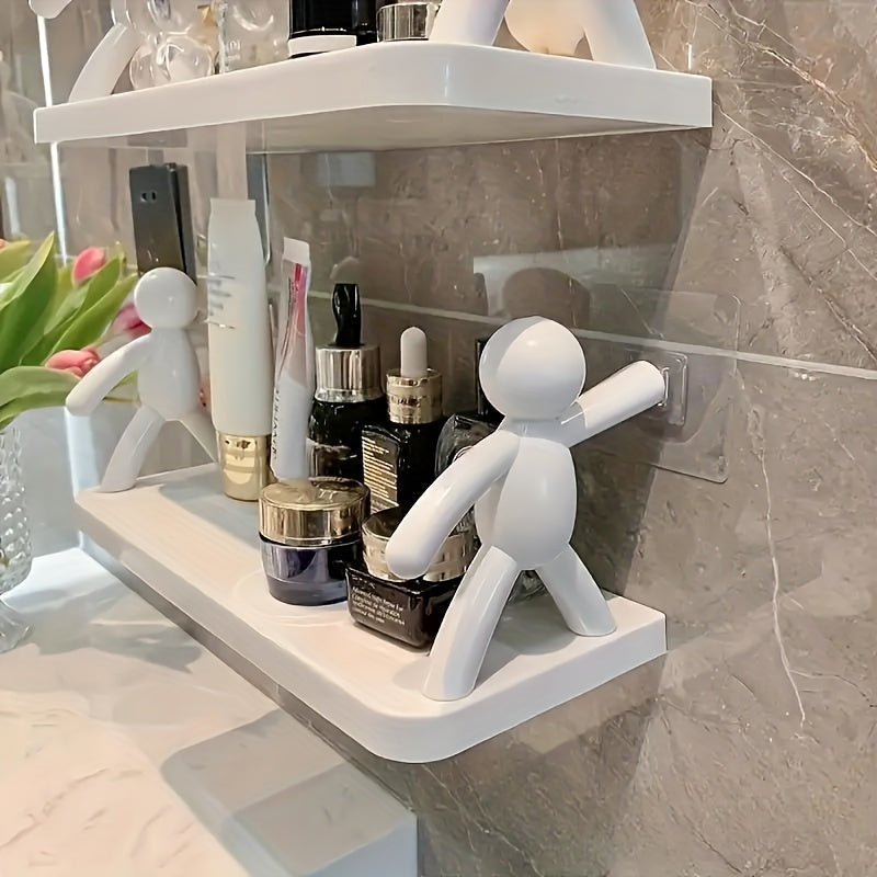Estantes de pared modernos de plástico con figuras humanoides - Estantería de almacenamiento de varios niveles para baño, cocina o decoración de baño, detalles blancos y dorados, diseño de colgamiento de pared, estantes de baño | Estantes de pared modern