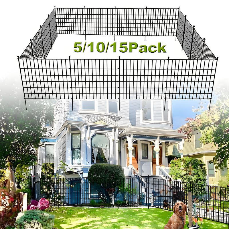 Cerca de jardín negra sin excavación, 5/10/15 paneles, 78.74 cm de alto, alambre metálico resistente al óxido con barrera para animales, ideal para perros y conejos, decoración exterior, cerca temporal para perros, estacas incluidas