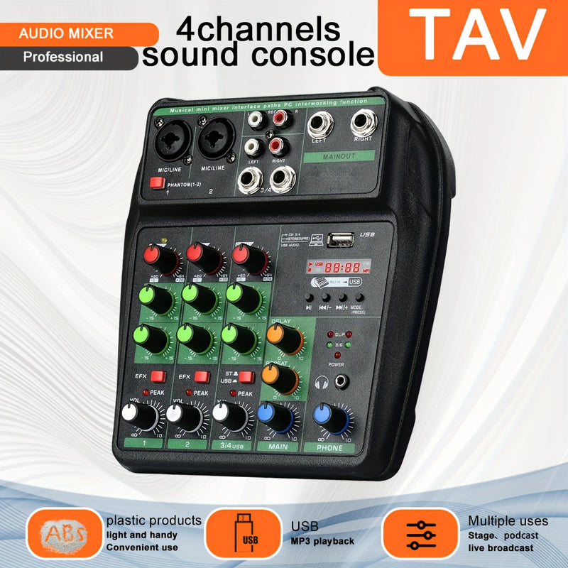 TAVOSOP Profesional 4 canales, mezclador de audio portátil, mezclador estéreo mini DJ con USB, verde, material ABS, compatible con interfaz de audio y tarjeta de sonido para producción musical en casa, DJ Karaok