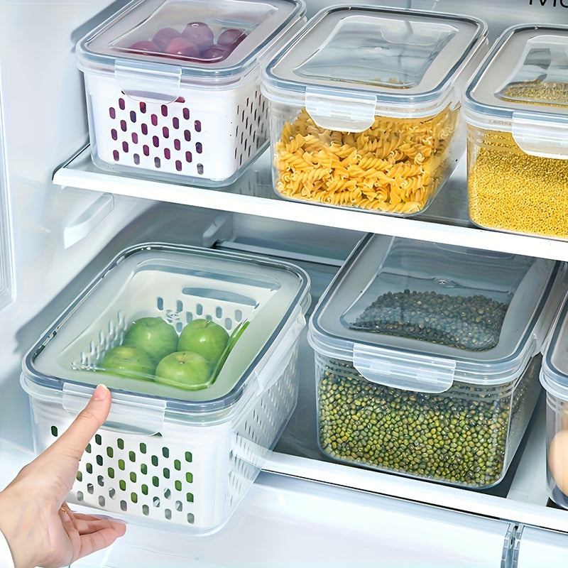 Juego de 9 contenedores de almacenamiento de alimentos de plástico sin BPA con cestas de drenaje y tapas - A prueba de fugas, aptos para congelador, organizadores de cocina multiusos reutilizables para frutas, verduras y alimentos.