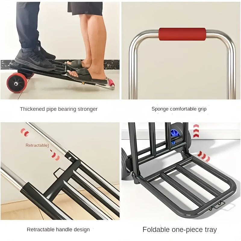 Carro de mano plegable de gran capacidad de 70 kg, mango ergonómico y ruedas giratorias de 360° para uso en escaleras | Telescópico ajustable | Ideal para levantar pesas, transporte de materiales y trabajo eléctrico, equipo de manipulación de materiales,