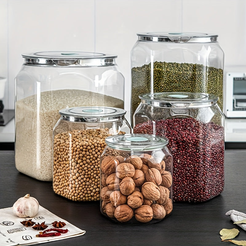 Tarros Herméticos de Plástico PET Transparente para Alimentos con Tapas Abatibles - Contenedores Reutilizables Cuadrados para Granos, Frutos Secos y Snacks - Organización Duradera en la Despensa