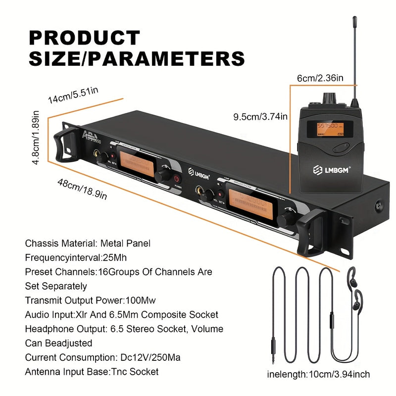 Sistema de monitoreo inalámbrico UHF AR2090-4 de LBMGM, con 4 unidades de cuerpo, 16 canales ajustables, rango de señal de 165 pies, para bandas, músicos y espectáculos de teatro.