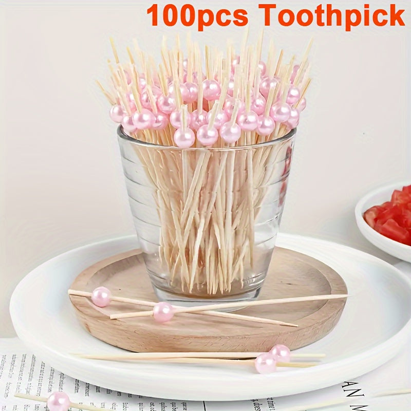100 piezas de palillos de dientes de bambú para fiestas de bodas, palillos para verduras y frutas con perlas, aperitivos y frutas con perlas doradas/rosas/blancas, palillos para alimentos y bebidas de Navidad, Año Nuevo, palillos para pasteles, postres,
