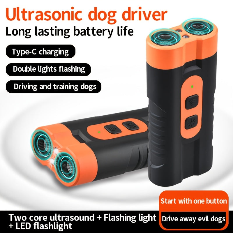 1 unidad de repelente ultrasónico para perros PetSafePro recargable por USB, inhibidor de ladridos de doble núcleo de alta potencia con linterna LED, dispositivo portátil anti-mordeduras para uso exterior