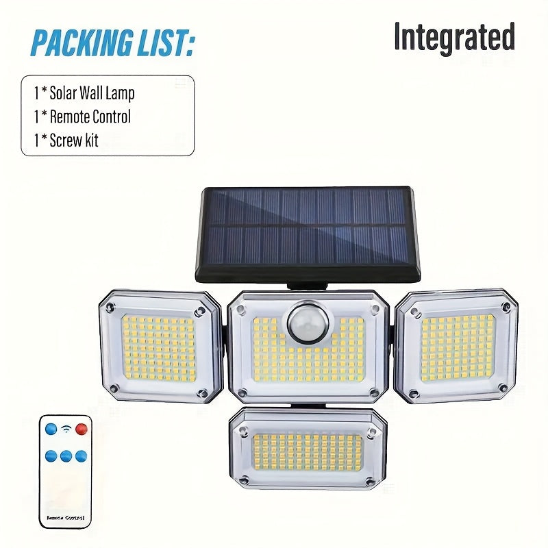Luz solar para exteriores, 333 LED, con sensor de movimiento, 3 modos con control remoto, luz solar de 4 cabezales, ideal para patio, cochera, porche, jardín, luz solar de pared de 4 cabezales con 333 LED y 3 modos de efecto de luz