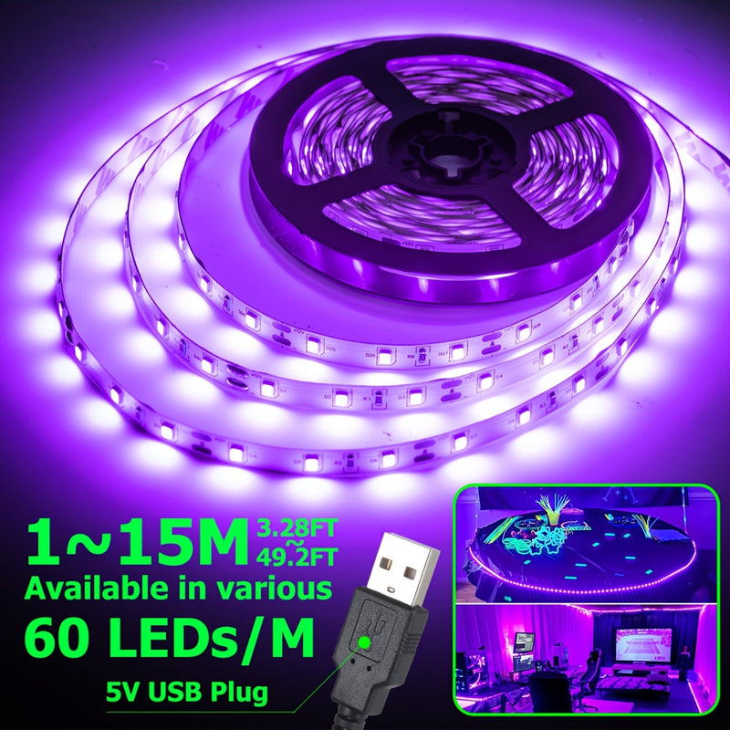 Tira de luces UV negra de 99.97 cm - 15.0 metros, 600 a 9000 LEDs, 385-400 nm, 5V, flexible, autoadhesiva, luces negras para fiestas con brillo, cumpleaños en interiores, Halloween/Navidad/Día de San Valentín, pintura corporal, conector USB