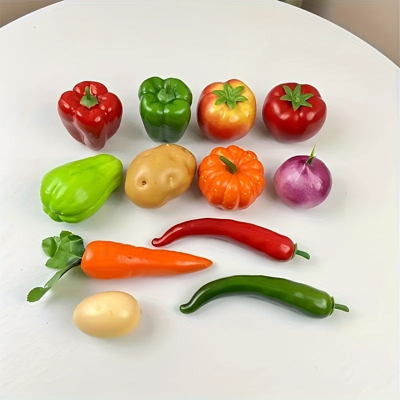 Juego de 12 Piezas de Frutas y Verduras Realistas, Tomates Artificiales, Pepinos, Calabazas, Zanahorias, Berenjenas, Adornos para Exhibición en Tienda o Hogar, Decoración de Mesa de Cocina y Gabinete con Fruta y Verdura