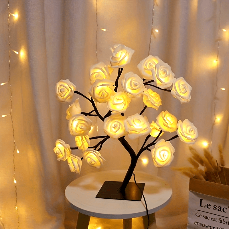1pc LED Rose Flower Lámpara De Mesa, Valentine Tree Fairy Lights 24LED Rose Flower Tree Lights Día De San Valentín USB Lámpara De Mesa Fairy Maple Leaf Night Light Fiesta En Casa Navidad Boda Dormitorio Decoración Regalo