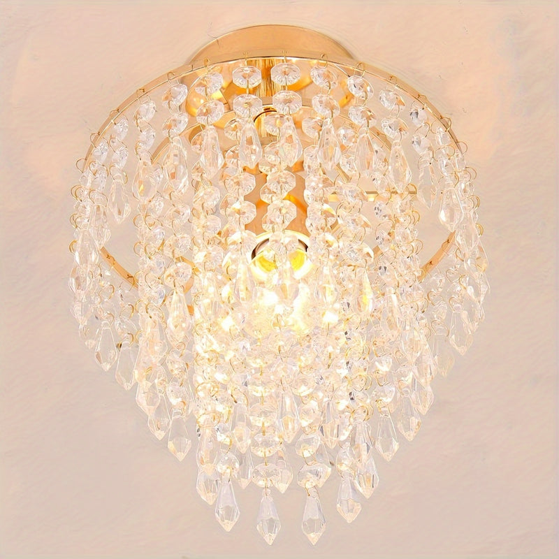 Lámpara de Techo Moderna Mini Cristal - Diseño de Gota de Lluvia de 3 Niveles, Montaje Empotrado con Acabado Dorado para Dormitorio de Niñas, Sala de Estar, Comedor - Incluye Bombilla
