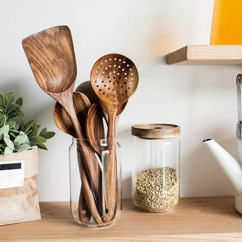 Conjunto de Utensilios de Cocina de Madera AIUHI de 5 Piezas, Cucharas de Madera y Juego de Espátulas Naturales para Sartenes Antiadherentes