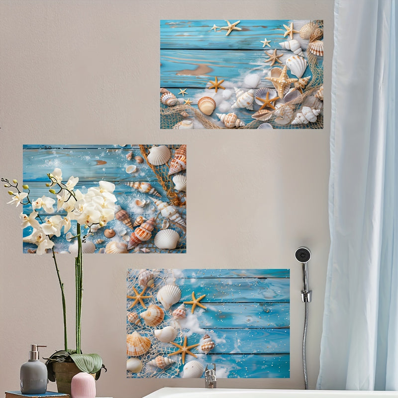 Un conjunto de tres (20*30Cm*3piezas) calcomanías de tema oceánico para inodoro con estrellas de mar y conchas para decorar baños y habitaciones, autoadhesivas ATW7028-YC.