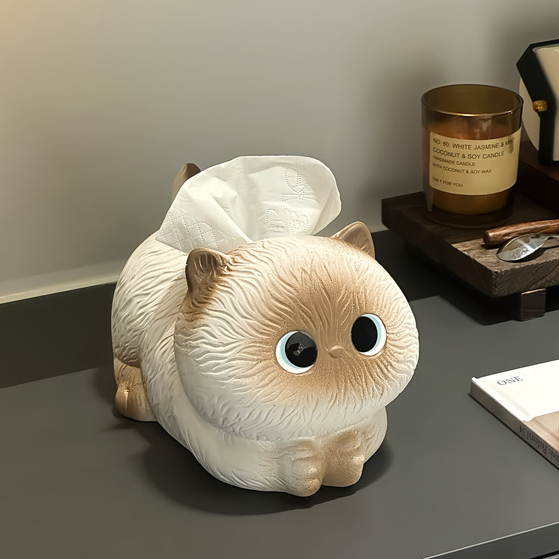 Porta Pañuelos de Gato Siamés Lindo - Decoración Temática Animal para Sala, Mesa de Té o Escritorio Hecha a Mano, Organizador de Lujo Ligero y Decorativo para Papelería, Accesorio de Sobremesa con Diseño Juguetón y Textura Suave