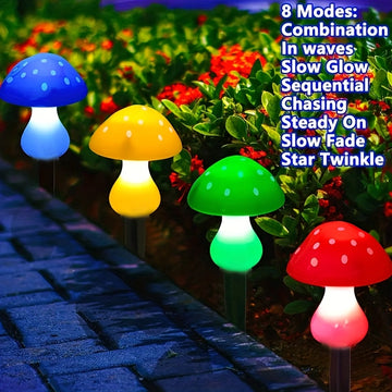 8 luces de sendero de jardín al aire libre con LED, luces solares de césped de hongo, iluminación de paisaje al aire libre, 8 modos de iluminación, lindas luces nocturnas decorativas para fiestas en el patio.