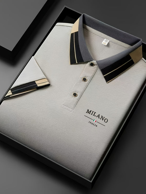 Camiseta polo ligera y suave para hombre con estampado de letras "MILANO ITALIA" - Transpirable para verano, uso casual y empresarial, ajuste regular, cuello con botones, perfecta para vacaciones y uso diario, ropa de vacaciones, diseño de contraste eleg