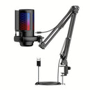 Micrófono de condensador de escritorio USB, micrófono de grabación para videoconferencias y llamadas de voz de juegos, con soporte de caballete, reducción de ruido, luz RGB, táctil, adecuado para computadoras PC, portátiles, transmisiones en vivo, podcas