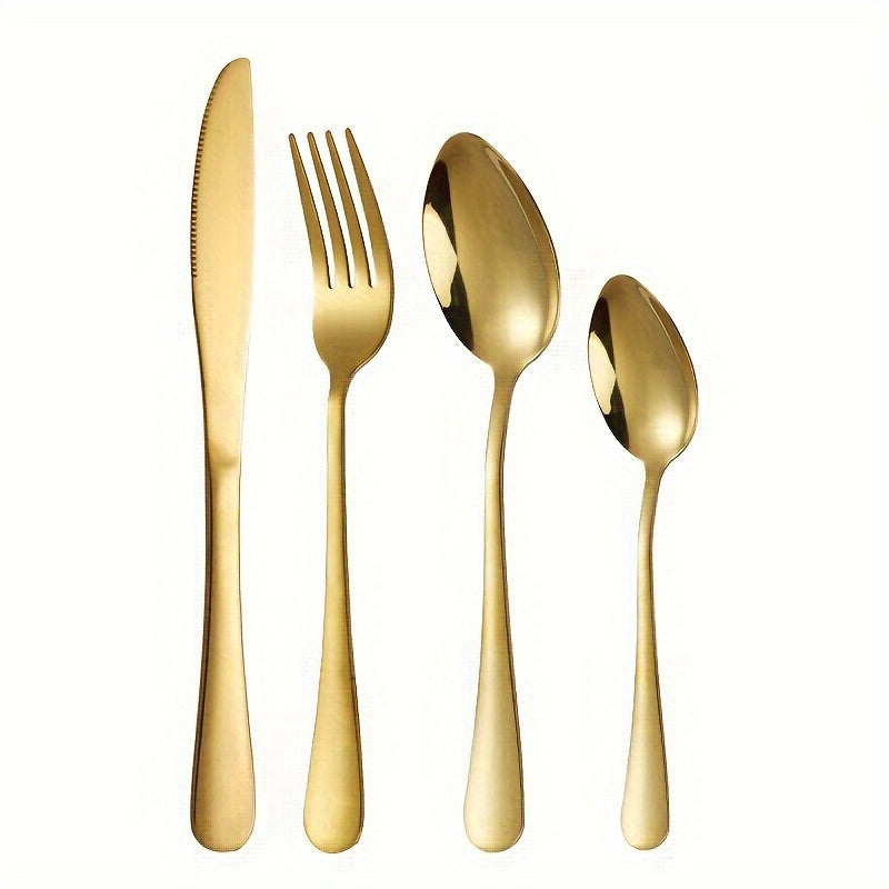 Juego de Cubiertos de Acero Inoxidable Dorado de 24 Piezas con Elegante Soporte Metálico - Incluye Cuchillos para Bistec, Tenedores y Tenedores para Postres, Cucharas - Perfecto para el Hogar, Restaurante, Fiesta, Boda
