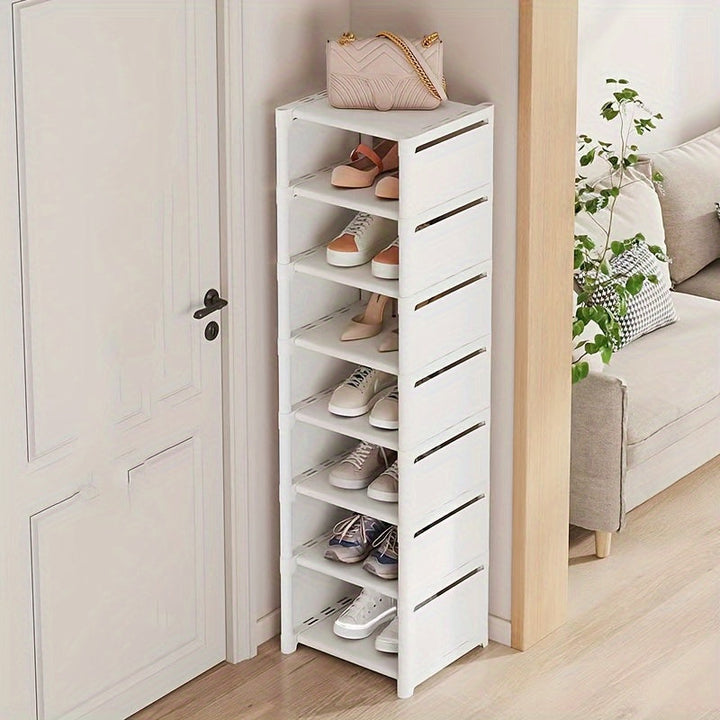 Organizador de zapatos blanco de varios niveles - Diseño vertical ahorrador de espacio con estantes abiertos, fácil de armar, ideal para entrada, sala, habitación o cocina | Estante de almacenamiento blanco elegante | Barras de soporte de metal, organiza