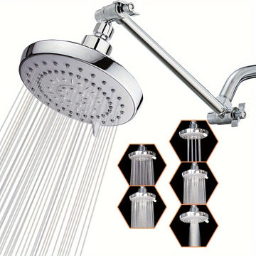 Cabezal de ducha de lluvia de alta presión de 12,7 cm con brazo de extensión de 25,4 cm, ajustable en 5 modos, acabado pulido, montaje en pared, plástico redondo, no requiere electricidad.