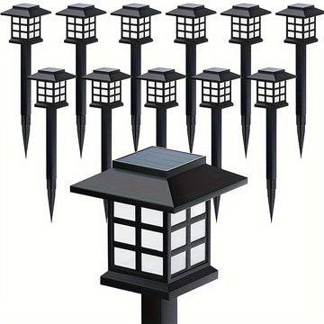 12-Pack LED Luces Solares para Jardín, Linternas de Estilo Plástico para Caminos, Batería de Níquel de 300 mAh, Antorchas de Estaca de Fácil Instalación para Pasarelas, Decoración de Jardines y Comunidades - Luz Blanca y Cálida