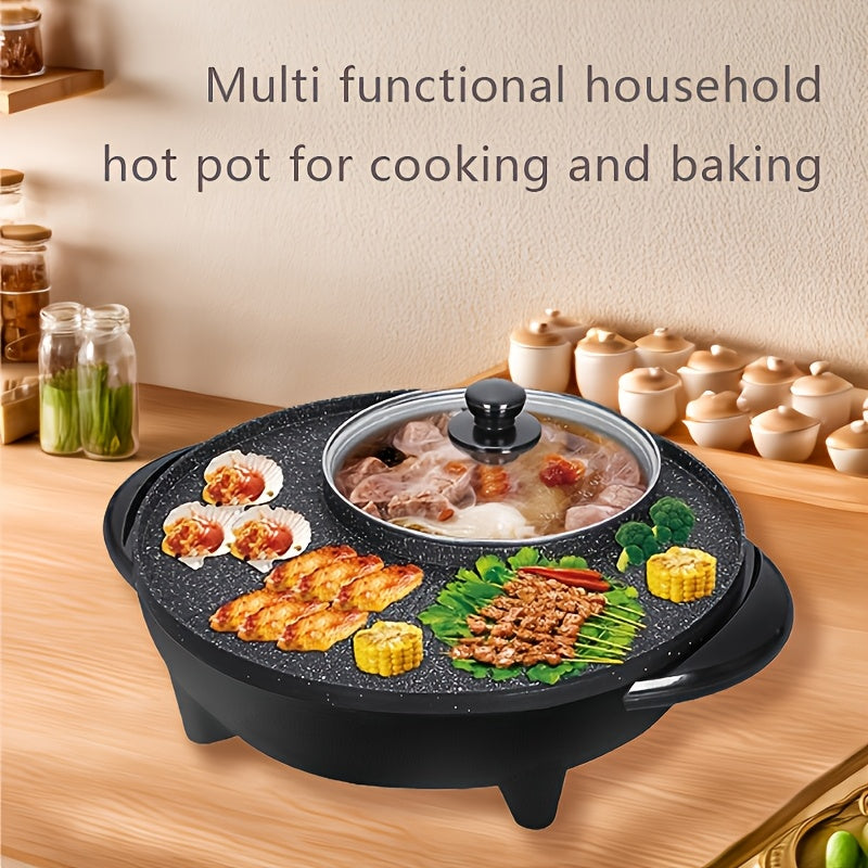Versátil 2-en-1 Olla Eléctrica y Sartén para Parrilla - Sin Humo, Antiadherente de Aluminio, Bandeja para Barbacoa y Horneado de Doble Propósito, Enchufe US de 110-130V para Cocinar en Casa