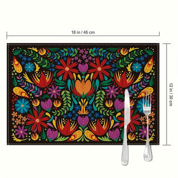Juego de 4 Manteles Individuales con Diseño Mexicano y Flores - Vivos para el Día de los Muertos, Solo Lavado a Mano, Tapetes Rectangulares de Poliéster al 100% para Fiesta de Halloween y Decoración del Hogar