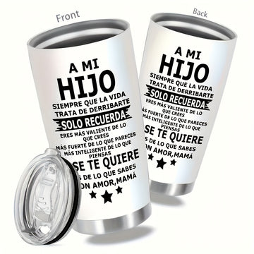 Vaso de acero inoxidable aislado de 20 onzas con tapa deslizante - taza reutilizable blanca para bebidas calientes y frías - mensaje en español para hijo - adecuado para portavasos de coche, Ideal para Navidad