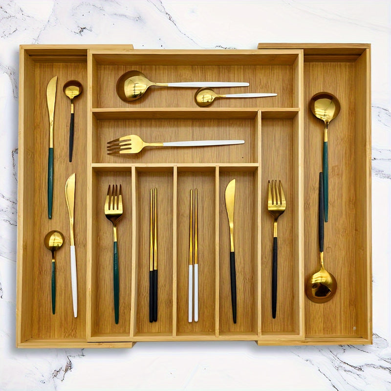 Caixa de almacenamiento extensible para cubiertos de bambú, cajón organizador con divisiones ranuradas, bandeja para utensilios de cocina y hogar, ideal para cocinas, dormitorios y salones