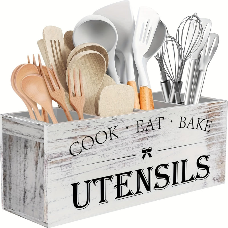 Porta utensilios de cocina de madera extra grande - Organizador de 4 compartimentos de decoración de granja rústica para encimera, cesta de madera barnizada ligera con diseño de montaje de tensión